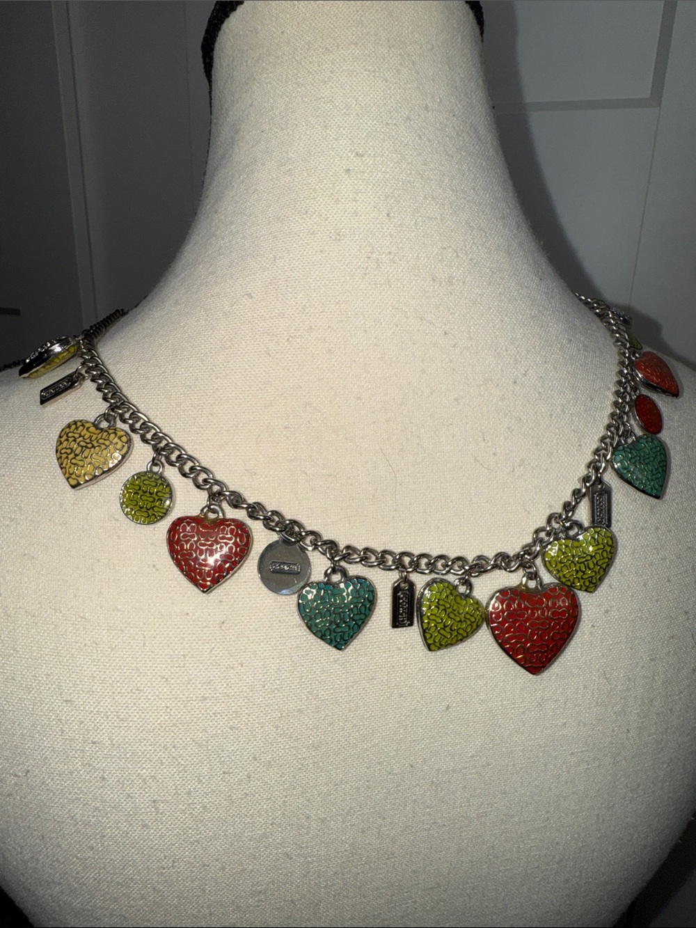 Coach vintage y2k toggle clasp silver tone charm necklace puffy heart logo print